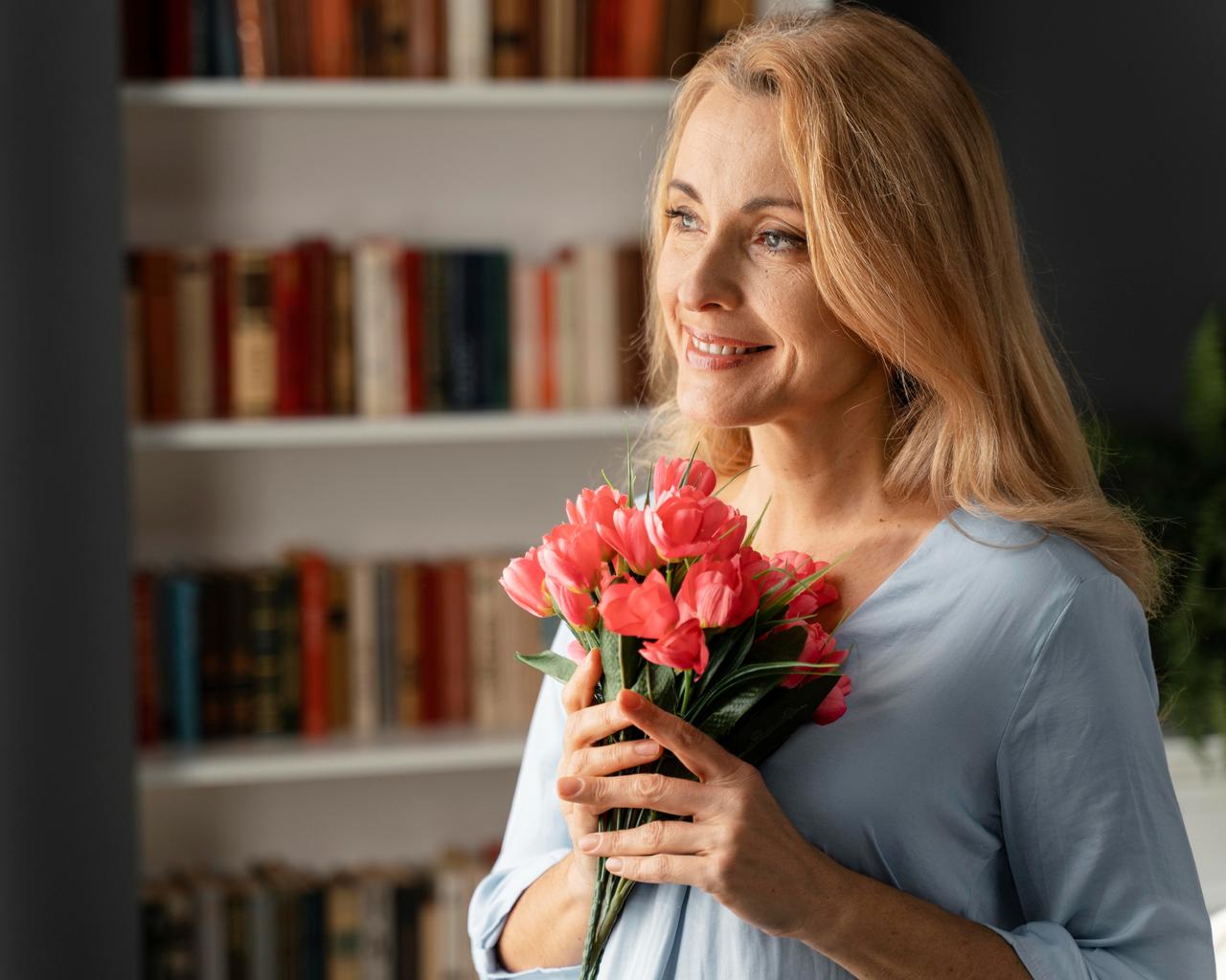 Smiling woman holding flowers.